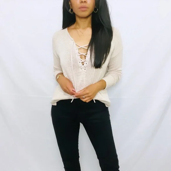 Loft | Beige Knit Long Sleeve Sweater V-Neck Lace Up Top - Picture 9 of 10